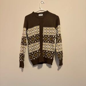 Vintage Sears Brown and Cream Patterned Men's Sweater